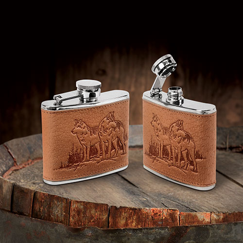 Leather-Wrapped 4 oz. Wolf Flask - 2 Pack