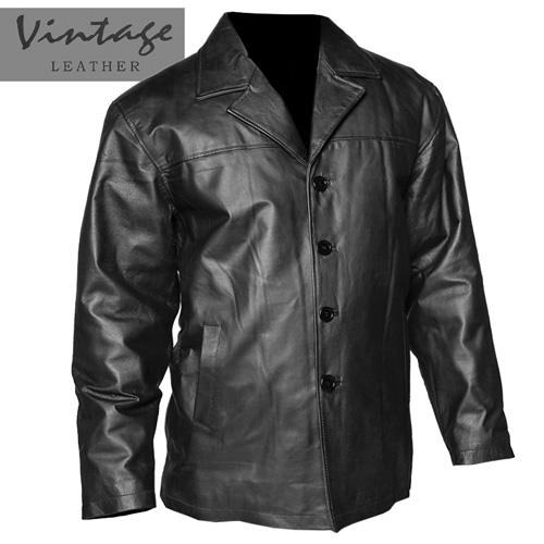 Vintage Leather Men's Black Button-Down Coat