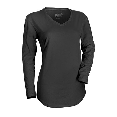 Hanes Women's Ebony Long Sleeve V- Neck Shirts