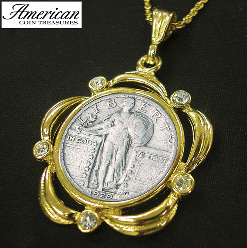 Silver Standing Liberty Quarter Goldtone Pendant Scalloped with Crystals and 24 Inch Chain