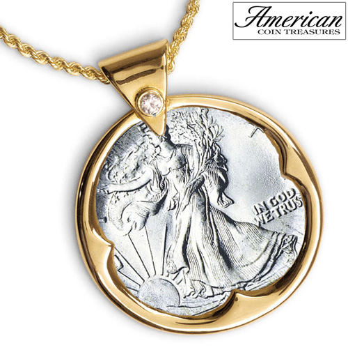 Silver Walking Liberty Half Dollar Goldtone Pendant with Crystal Bail 24 Inch Chain