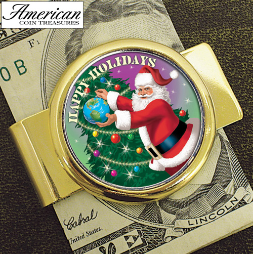 Goldtone Money clip with Colorized JFK Half Dollar Santa Coin