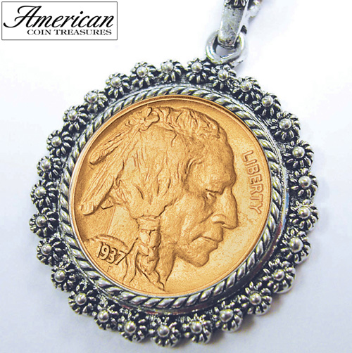 Gold-Layered Buffalo Nickel Silvertone Blossom Pendant 24 inch Chain