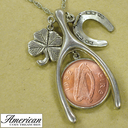Lucky Irish Penny Silvertone Wish Bone Pendant