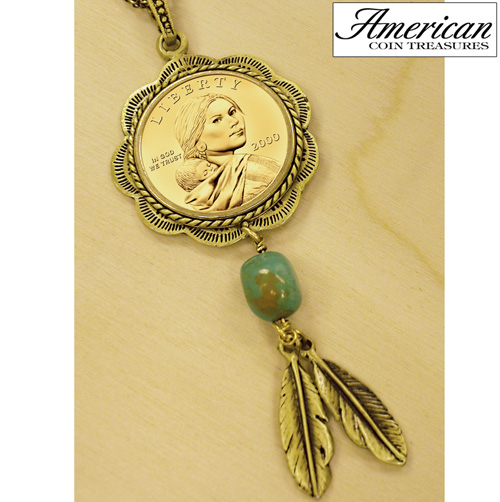 Sacagawea Brass and Turquoise Pendant