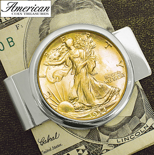 Silvertone Money clip with Silver Walking Liberty Half Dollar