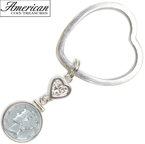 Sterling Silver Mercury Dime Coin Heart Keychain Coin Jewelry