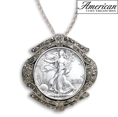 Silver Walking Liberty Half Dollar Marcasite Coin Pin/Pendant
