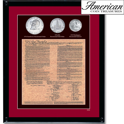 Framed U.S. Constitution With All 3 Bicentennial Coins