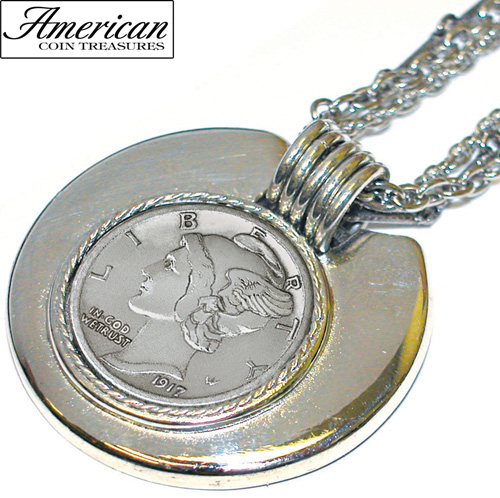 Mercury Dime Silvertone Triple Chain Pendant