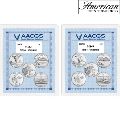 2007P & 2007D Statehood Quarters Graded MS63 Brilliant Uncirculated