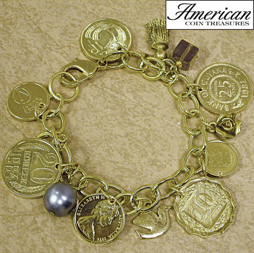 Gold-Layered Foreign Coins Charm Bracelet