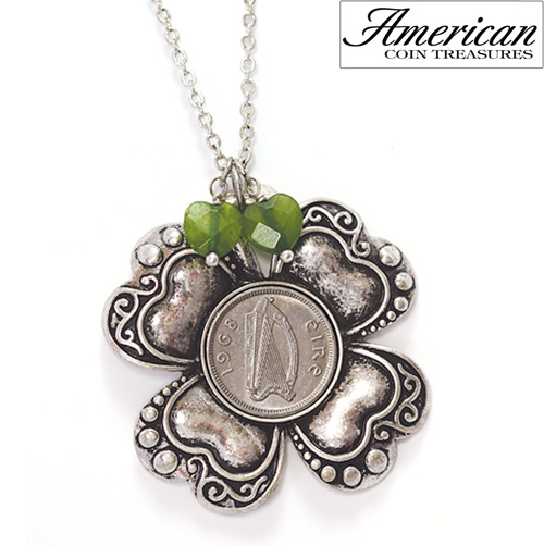 Irish Threepence Four Leaf Clover and Green Heart Charm Pendant