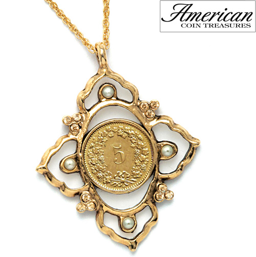 Victorian Inspired Swiss Coin Pendant with Glass Pearls