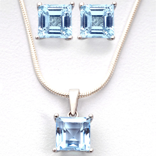 Square Blue Topaz Earrings and Necklace Set